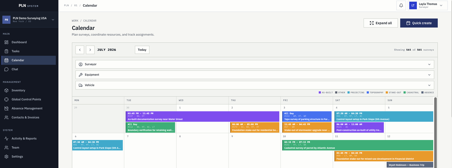 Survey calendar with monthly planning, surveyor, equipment and vehicle filters, and colour-coded survey types