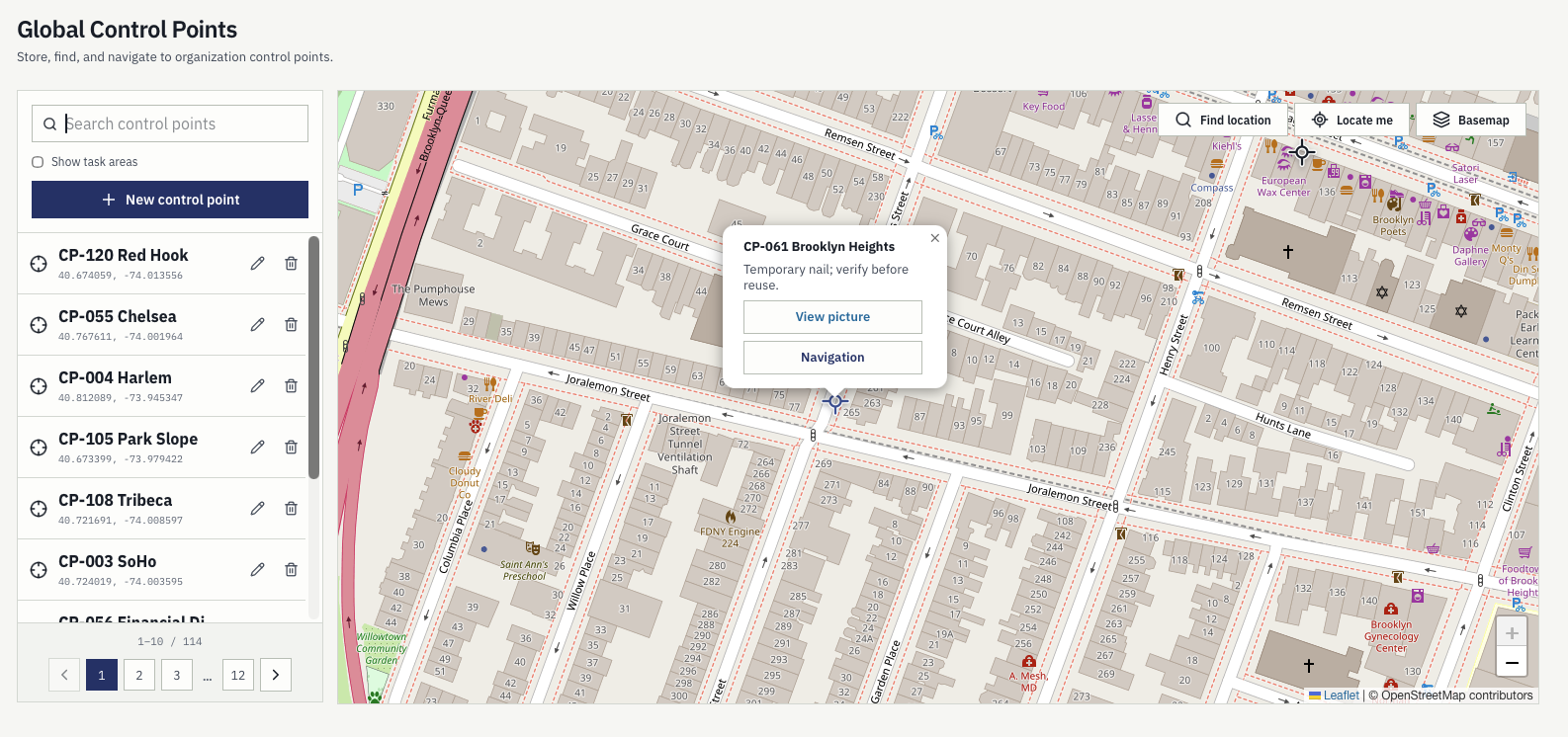 Control point popup on the map with its note, a view picture action, and a navigation action