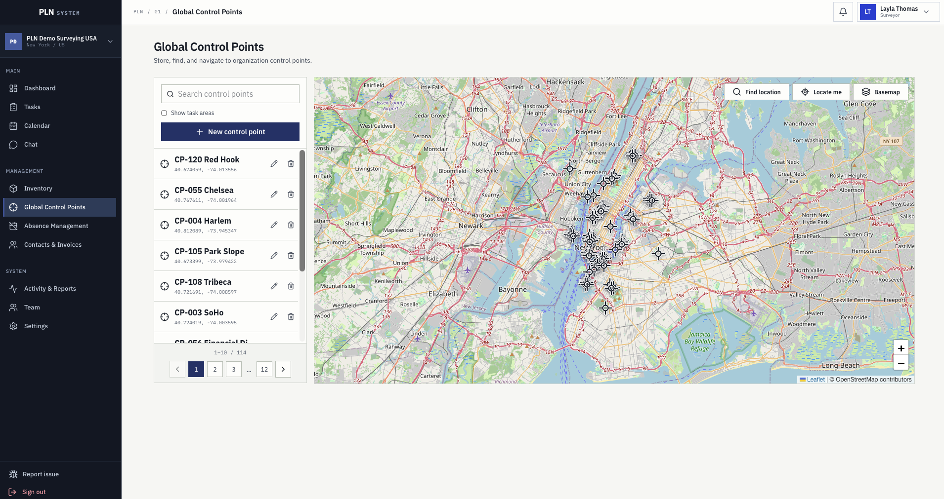 Global control points map with searchable organization control point list and coordinates