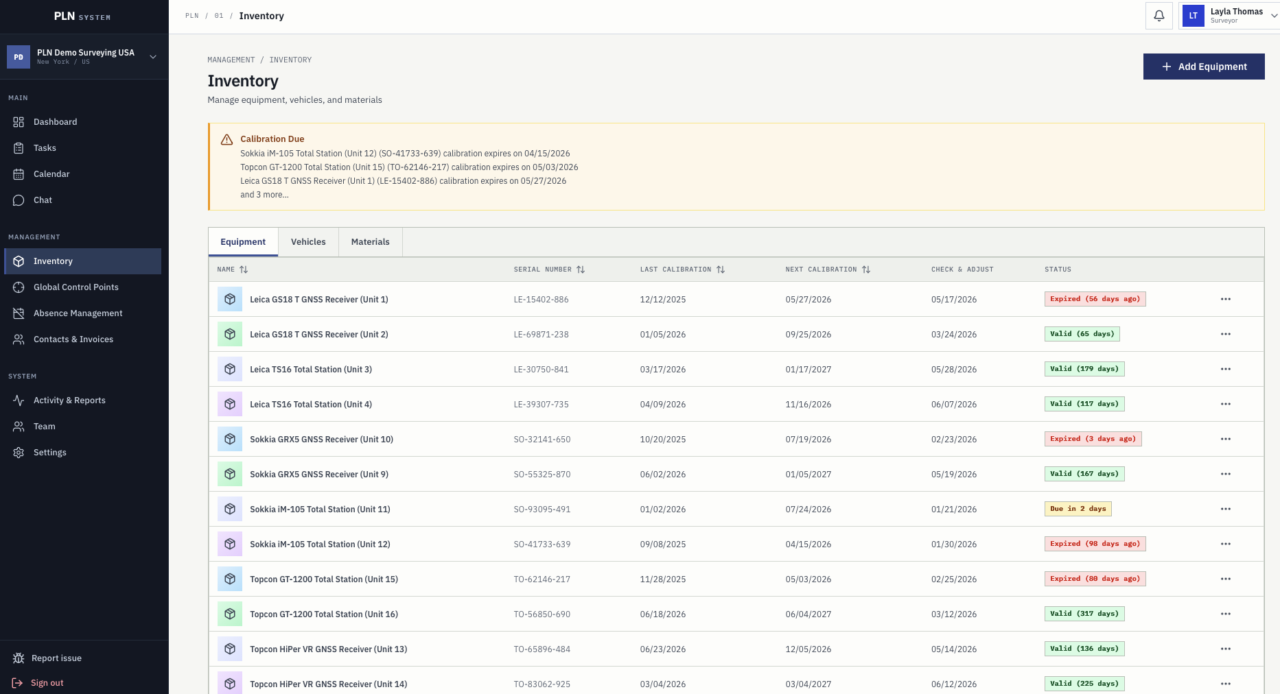 Equipment inventory with calibration due warnings, serial numbers, next calibration dates, and validity status
