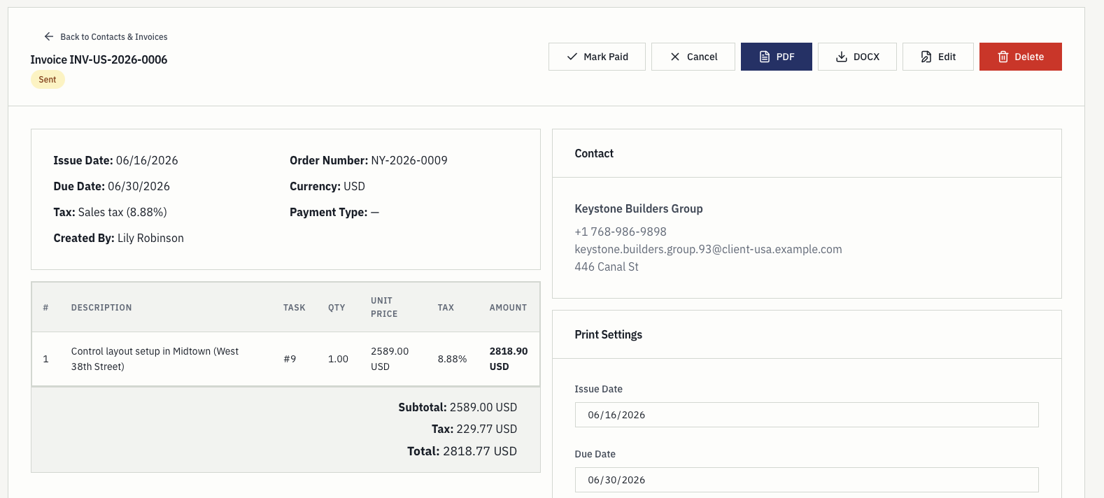 Invoice detail screen with payment actions, contact record, line items, totals, and print settings