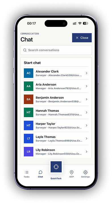 PLN mobile chat screen with a searchable list of surveyors and managers to start a conversation with