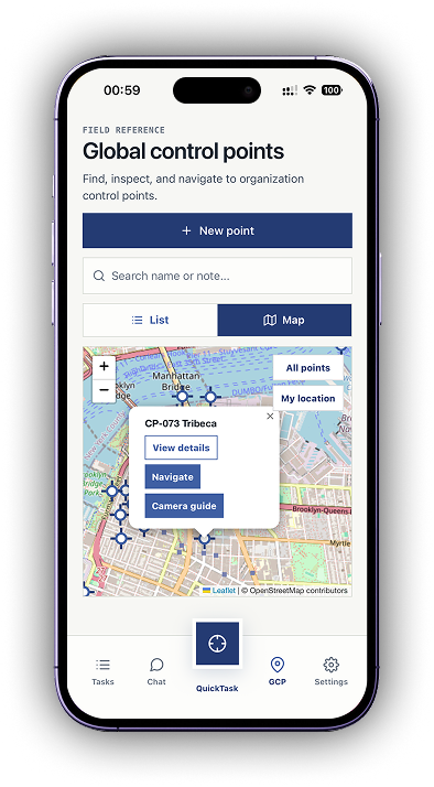 PLN mobile global control points map with a selected point offering view details, navigate, and camera guide