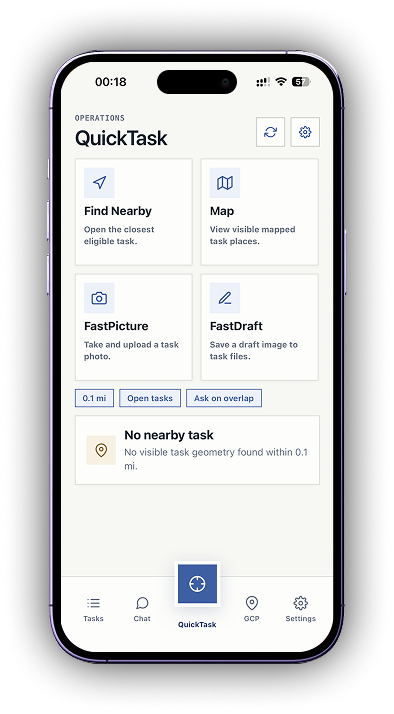 PLN mobile QuickTask screen with find nearby, map, FastPicture, and FastDraft actions