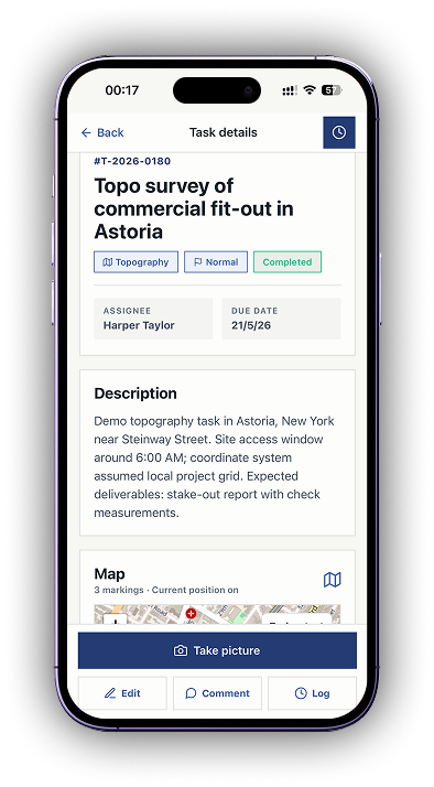 PLN mobile task details with survey type, assignee, due date, description, and map markings