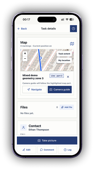 PLN mobile task map with a selected geometry zone, navigate action, camera guide, files, and contact
