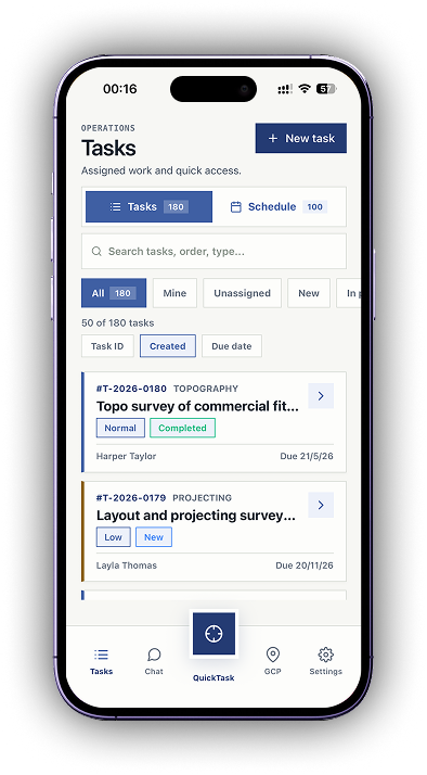 PLN mobile task list with tabs for tasks and schedule, filters, survey type, priority, status, and due dates