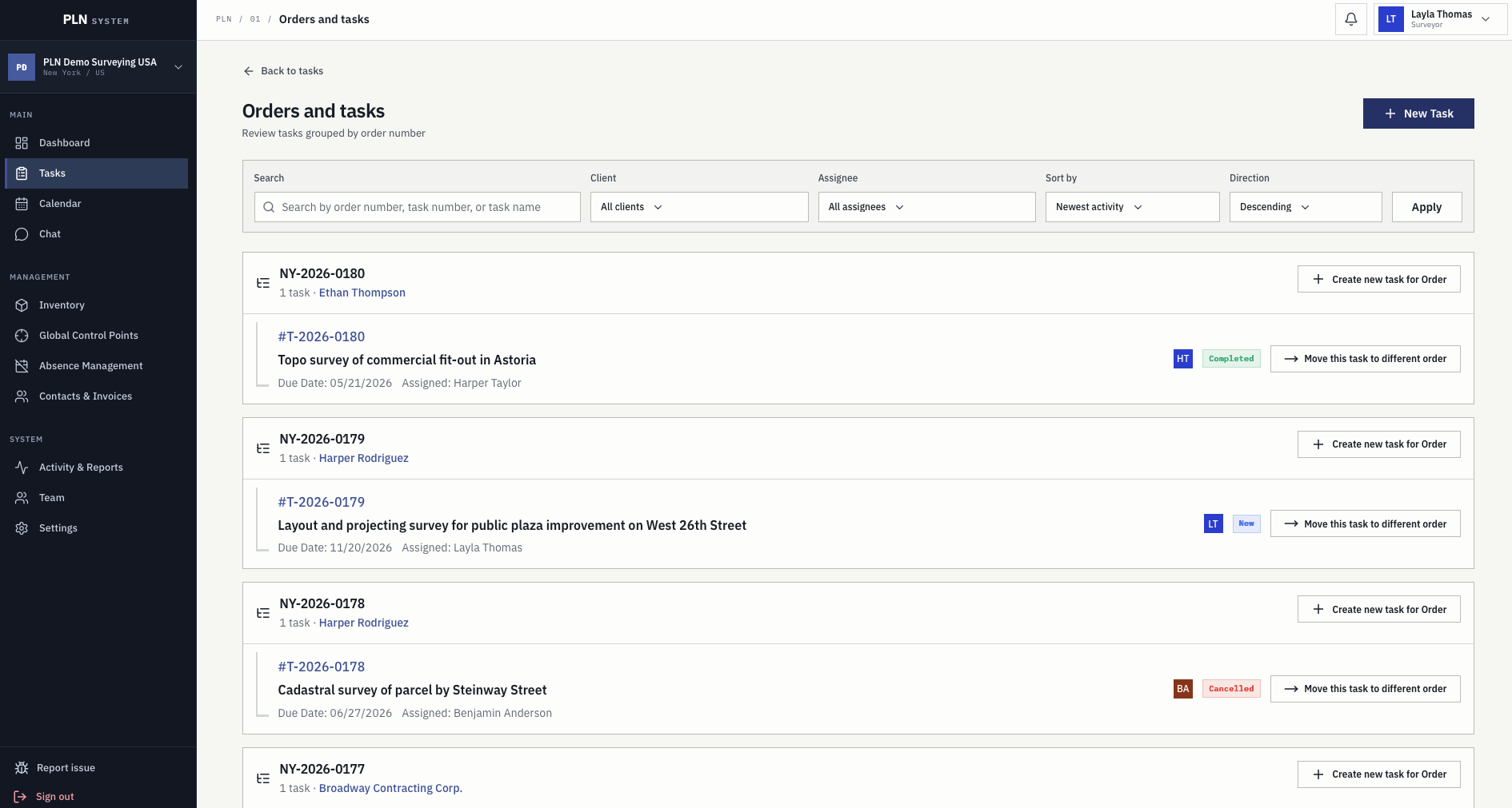 Orders and tasks screen grouping survey tasks under their order number with client and assignee