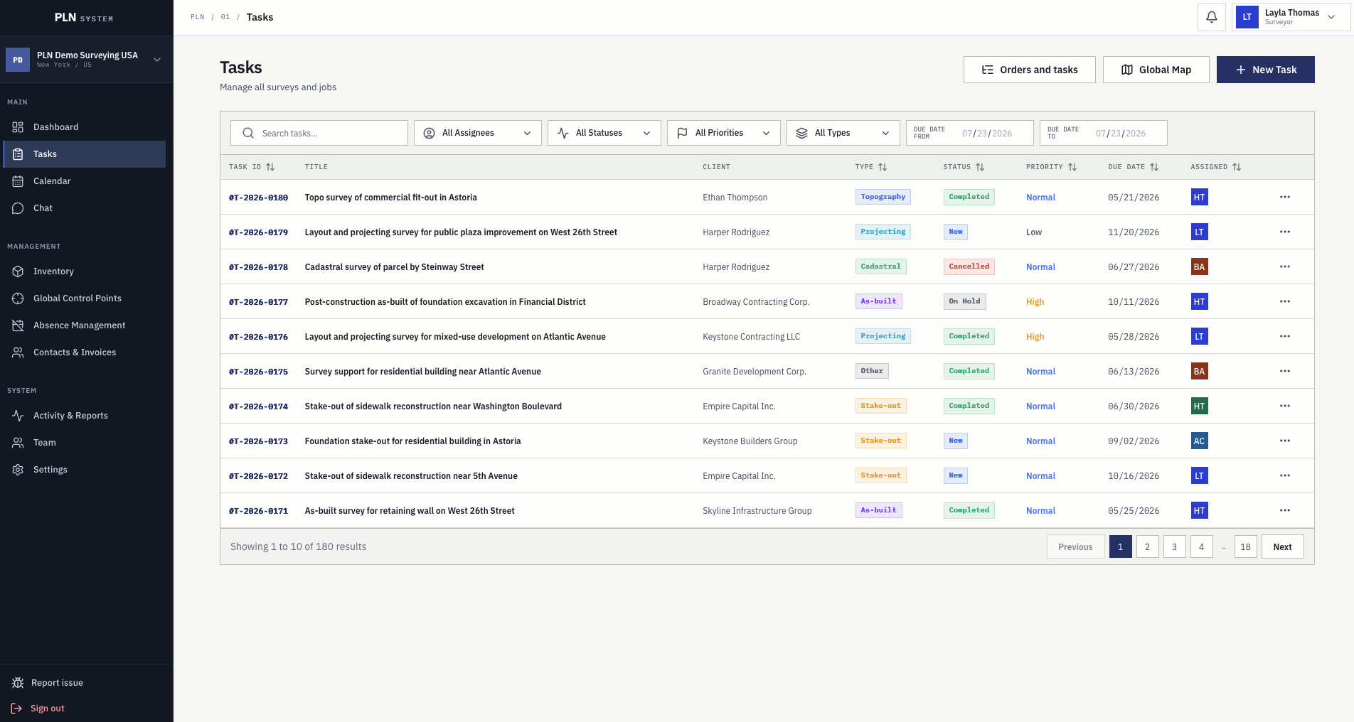 Task register with search, assignee, status, priority and type filters, due dates, and survey types